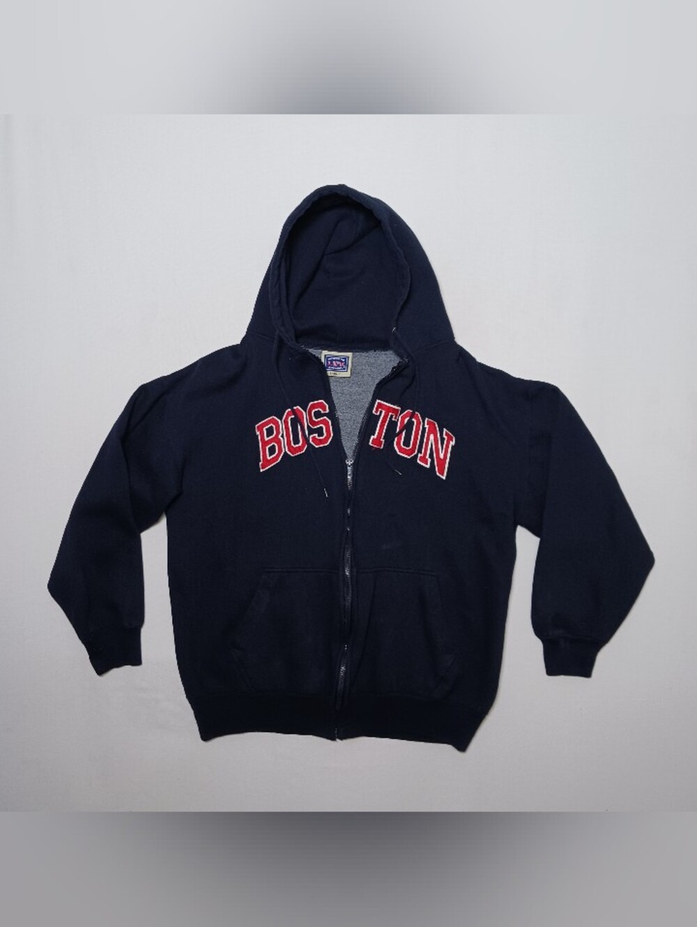 Vintage Authentic Life Apparel Mens Fleece Hoodie Boston Large Navy Blue Zip Up